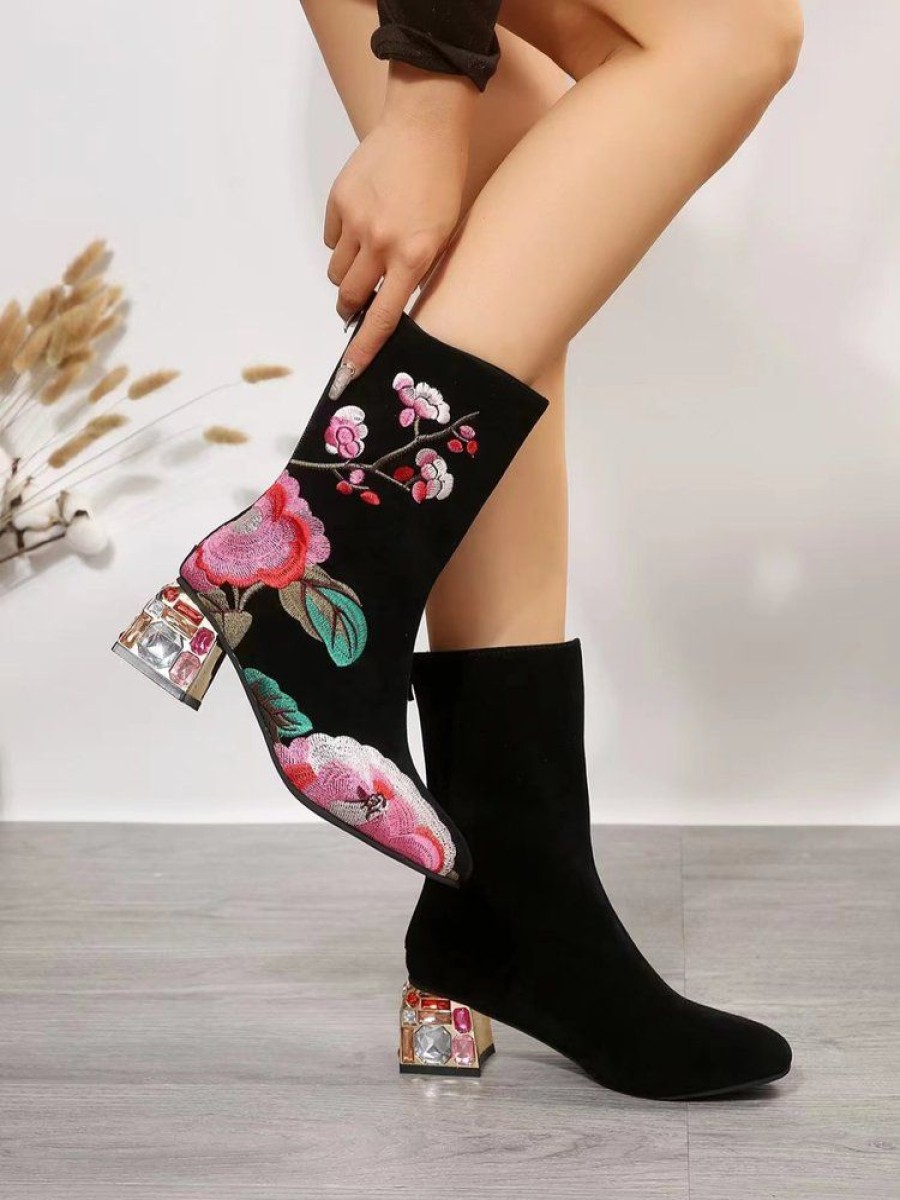 Shoes zolucky | Ethnic Floral Embroidery Fashion Block Heel Boots Black