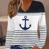 Topshot zolucky | Loose Striped Anchor Casual V Neck Long Sleeve T-Shirt Blue