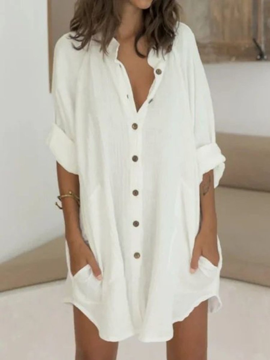 Dresses zolucky | Women Casual Half Sleeve Linen Plain Mini Dresses White