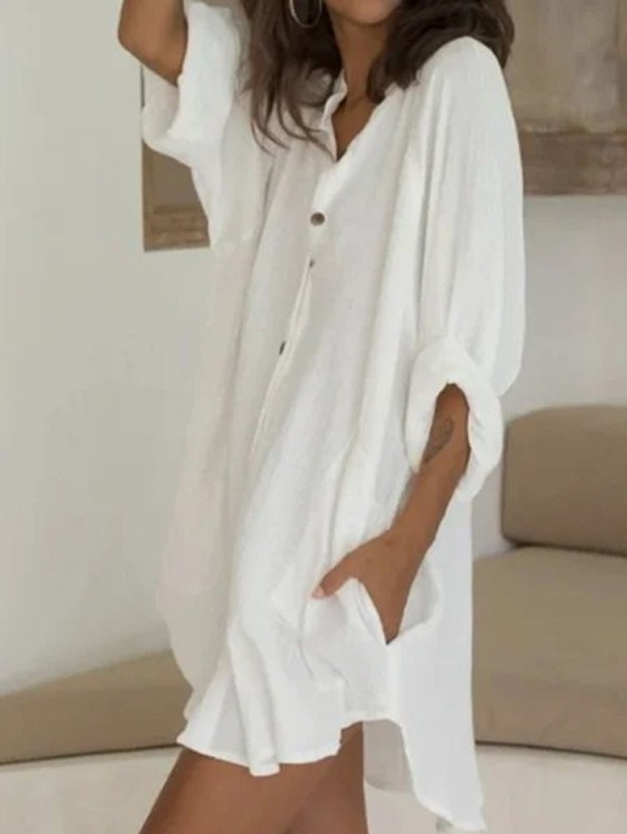 Dresses zolucky | Women Casual Half Sleeve Linen Plain Mini Dresses White