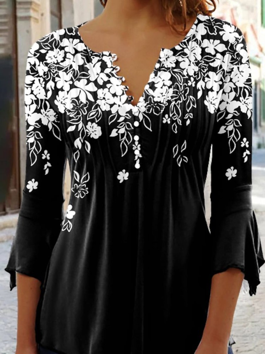 Topshot zolucky | V Neck Casual Loose Floral Top Black