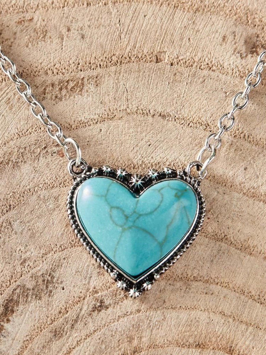 Accessories zolucky | Boho Natural Turquoise Heart Pattern Necklace Sweater Chain Ethnic Vintage Jewelry Silver