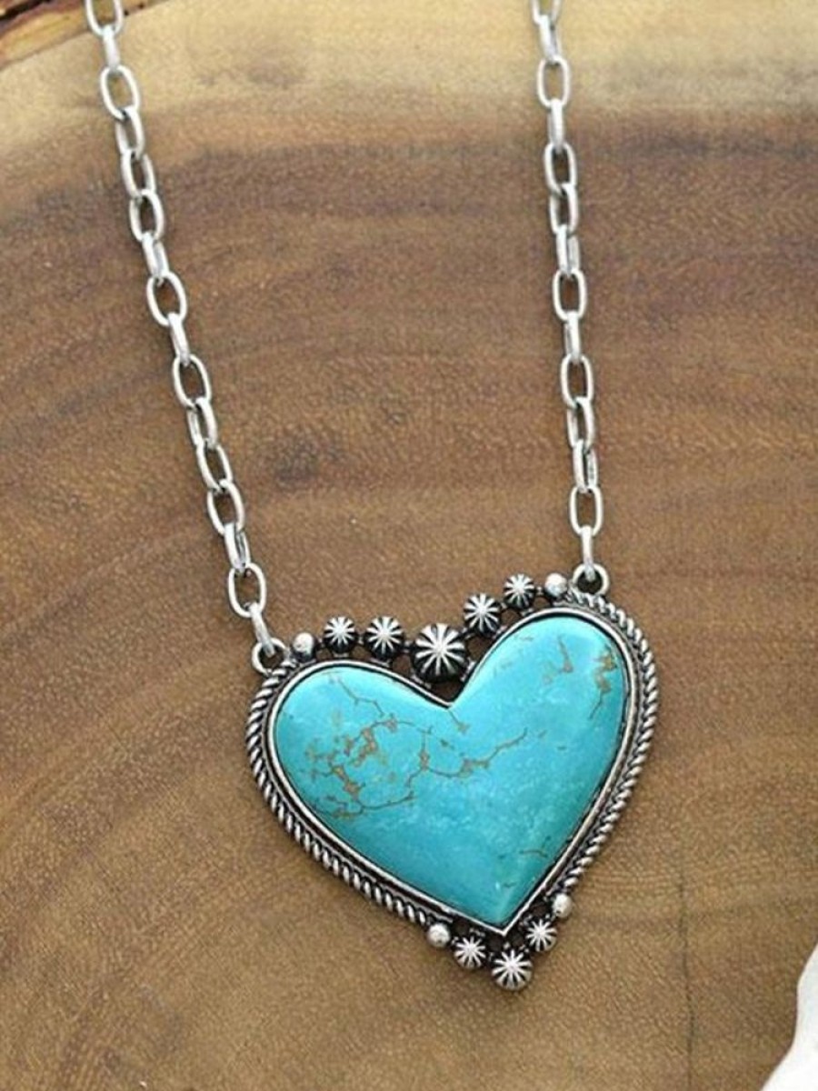 Accessories zolucky | Boho Natural Turquoise Heart Pattern Necklace Sweater Chain Ethnic Vintage Jewelry Silver