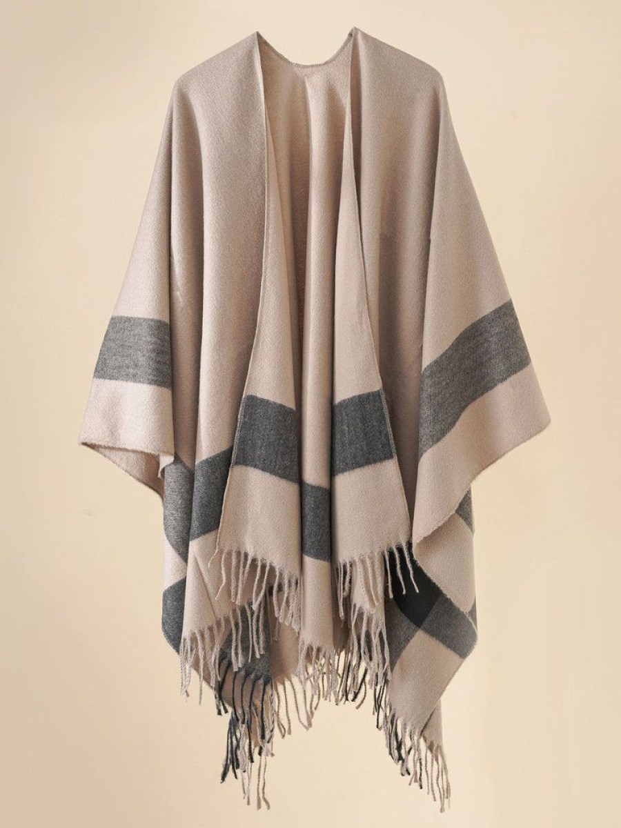 Accessories zolucky | Colorblock Fringe Thermal Imitation Cashmere Shawl Open Front Poncho Cape