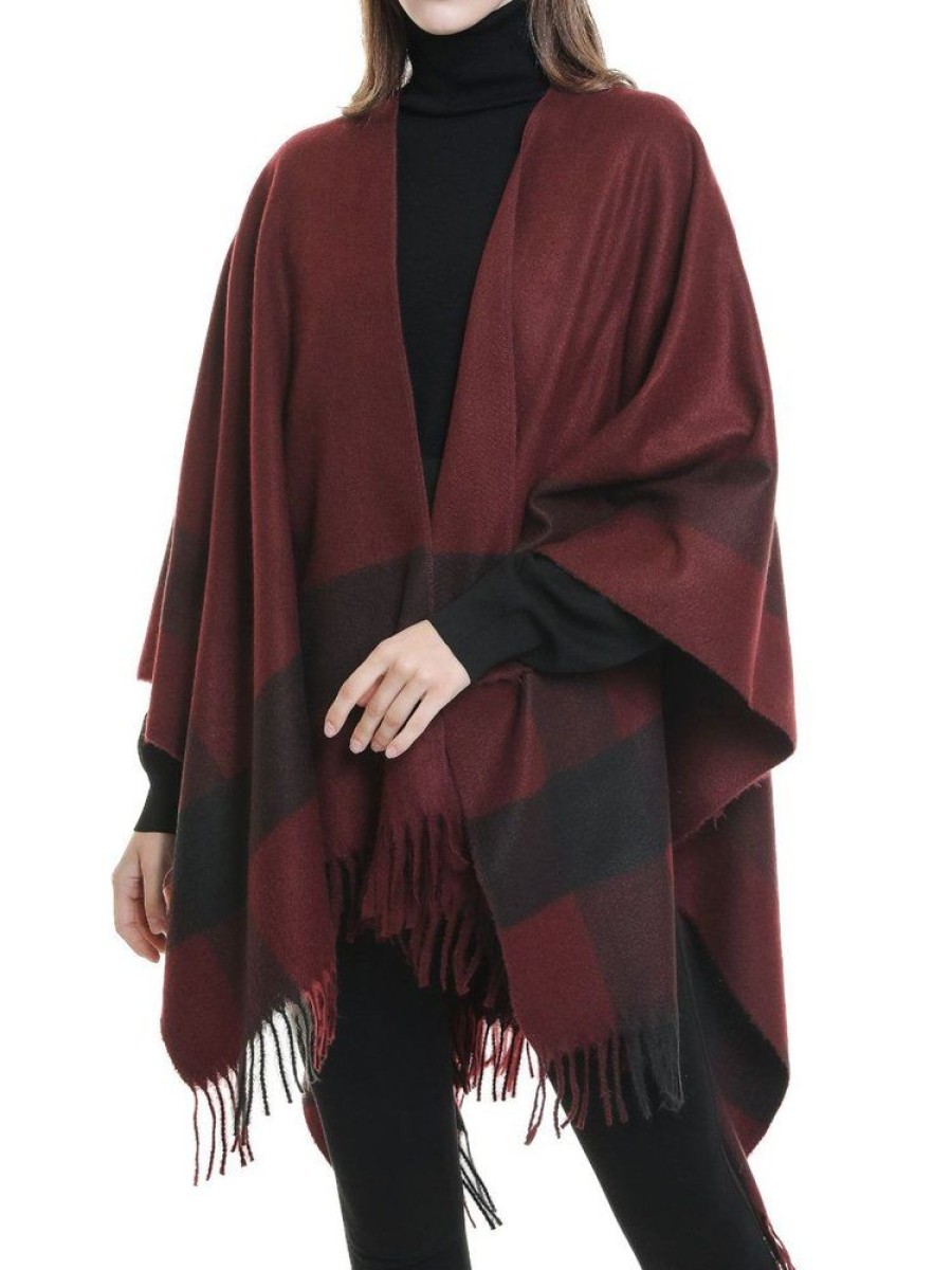 Accessories zolucky | Colorblock Fringe Thermal Imitation Cashmere Shawl Open Front Poncho Cape