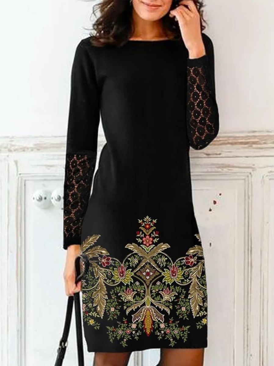 Dresses zolucky | Boat Neck Loose Party Ethnic Lace Dress Black