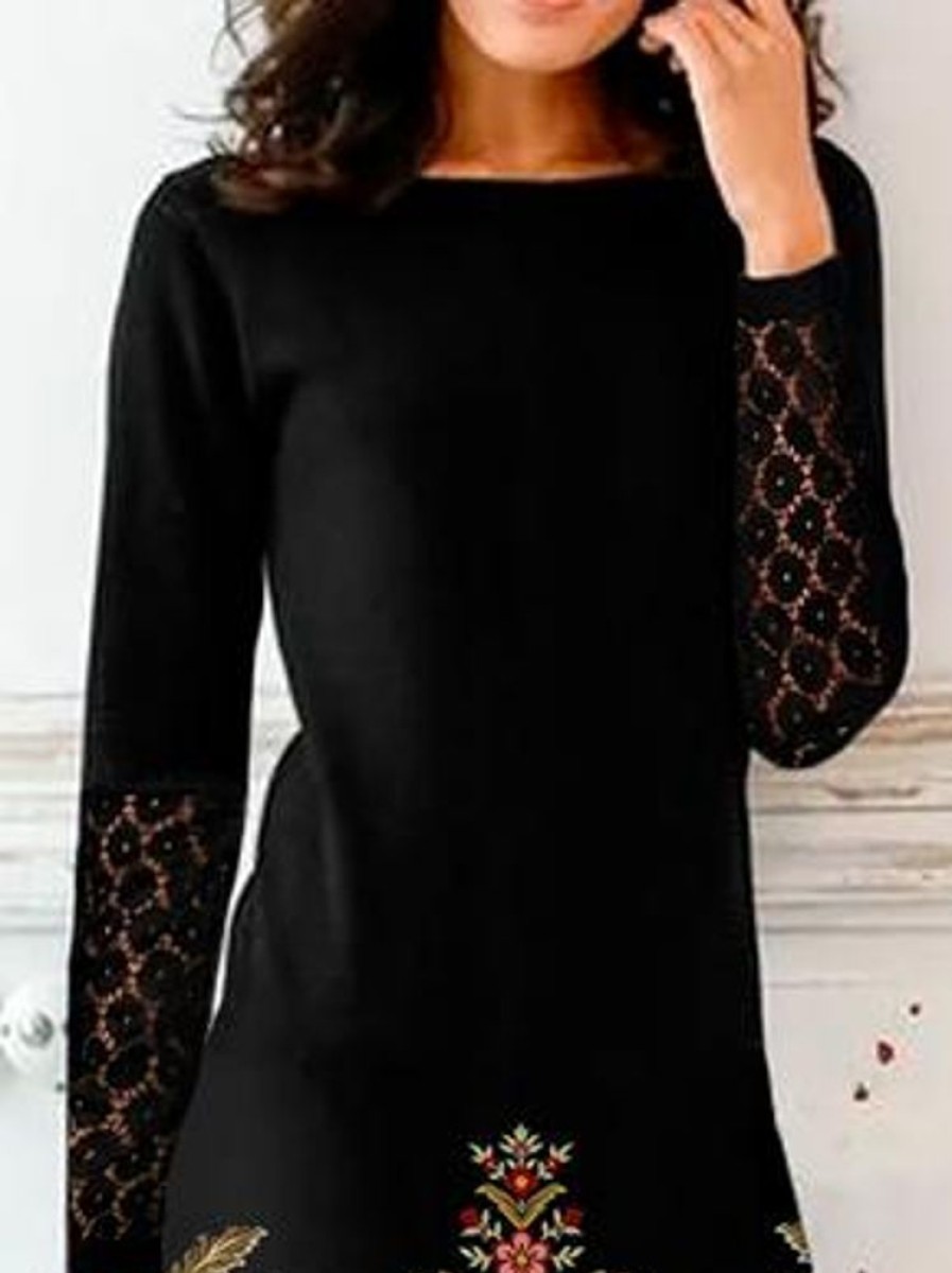 Dresses zolucky | Boat Neck Loose Party Ethnic Lace Dress Black