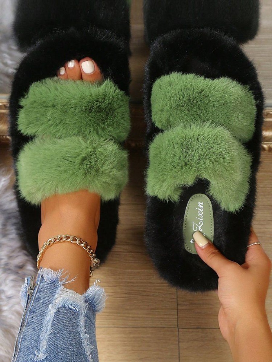 Shoes zolucky | Casual Color Block Double Strap Fluffy Slippers