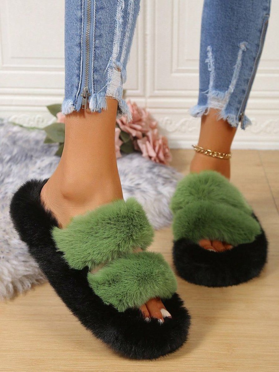 Shoes zolucky | Casual Color Block Double Strap Fluffy Slippers