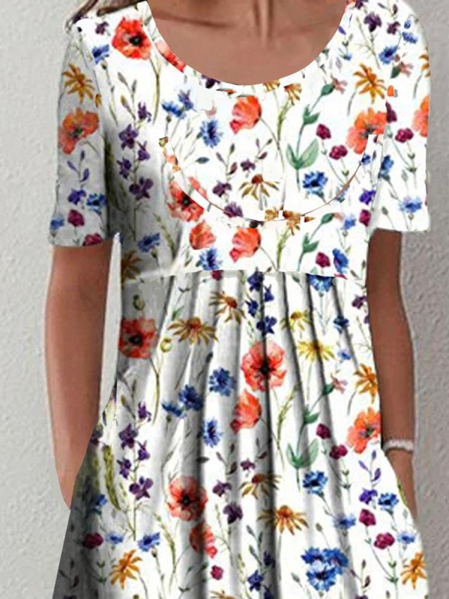 Dresses zolucky | Casual Loosen Short Sleeve Floral Dress Multicolor