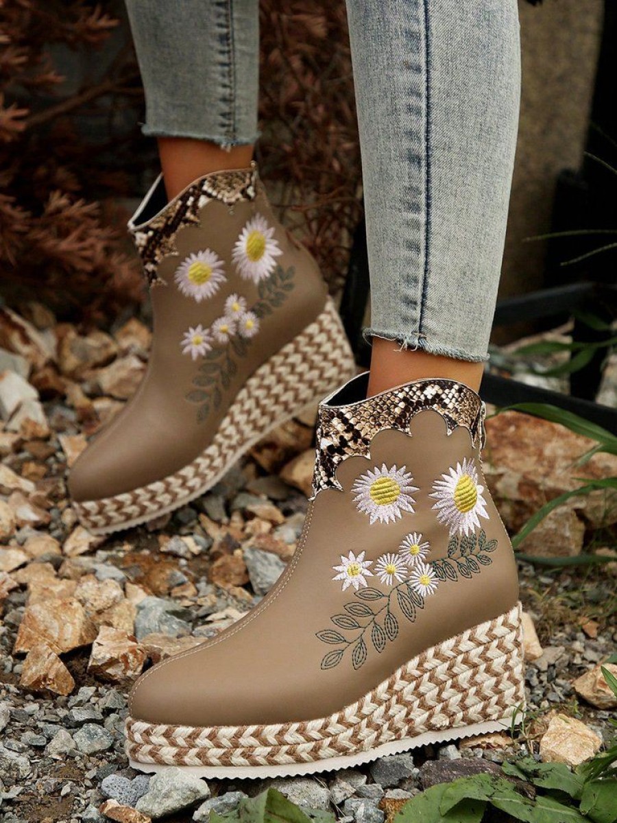 Shoes zolucky | Floral Embroidered Snakeskin Espadrille Wedge Heel Platform Boots Khaki