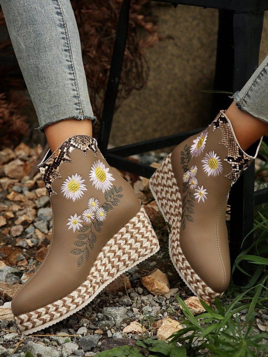 Shoes zolucky | Floral Embroidered Snakeskin Espadrille Wedge Heel Platform Boots Khaki