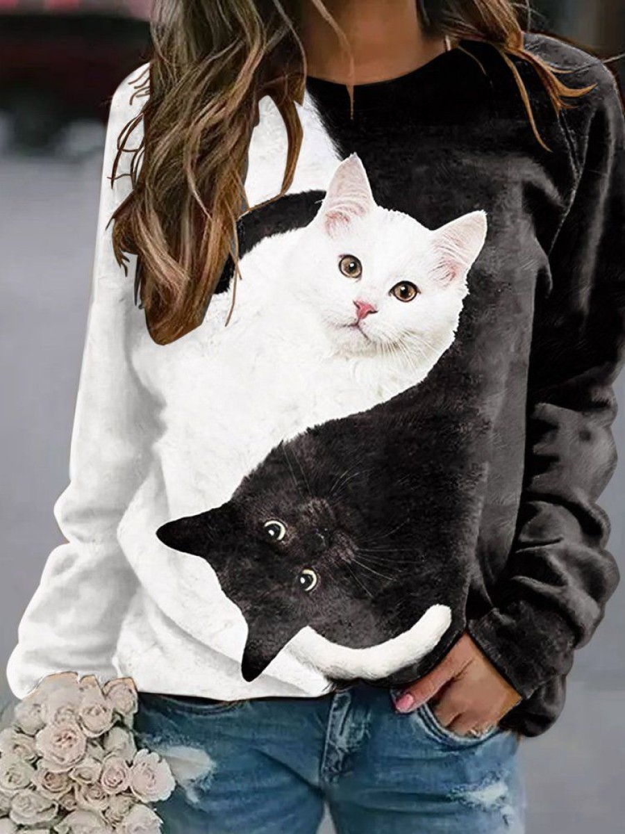 Topshot zolucky | Women Casual Cat Printed Longsleeve Sweatshirt Black