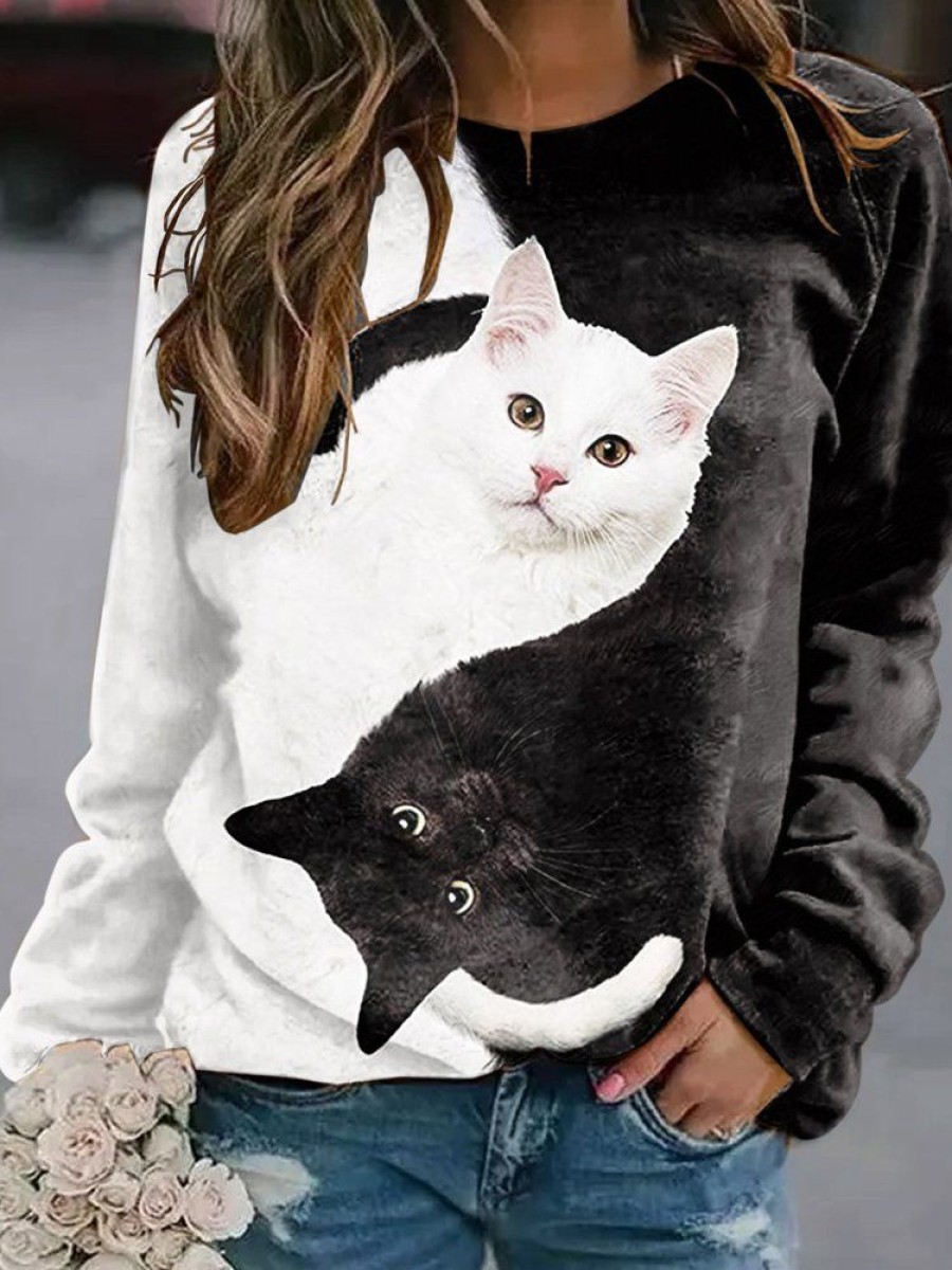 Topshot zolucky | Women Casual Cat Printed Longsleeve Sweatshirt Black