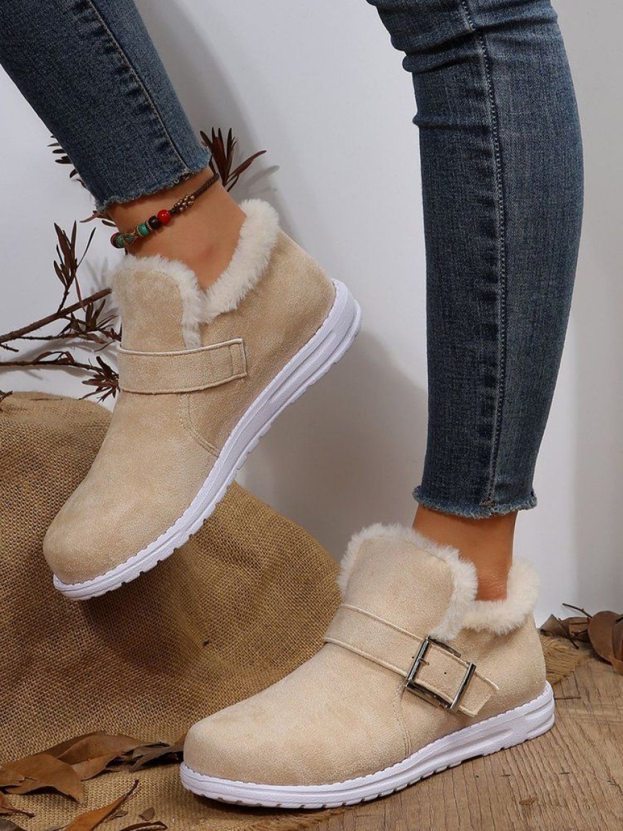 Shoes zolucky | Casual Buckle Decor Winter Faux Fur Lined Ankle Boots Apricot