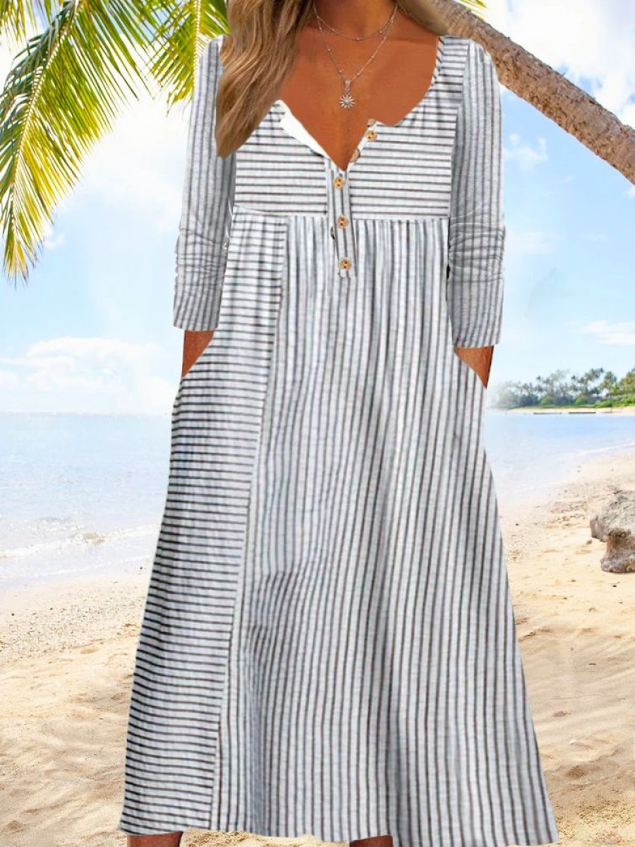 Plus&Curve zolucky | Plus Size Casual Loose Half Open Buttoned Collar Striped Long Sleeve Midi Dress White-Gray