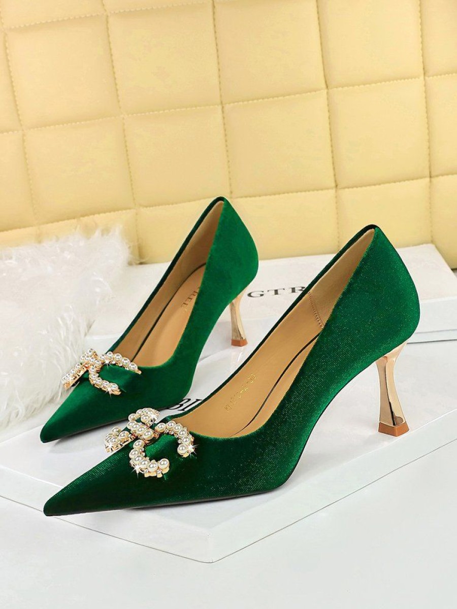 Shoes zolucky | Elegant Imitation Pearl Buckle Stiletto Heel Flocked Pumps