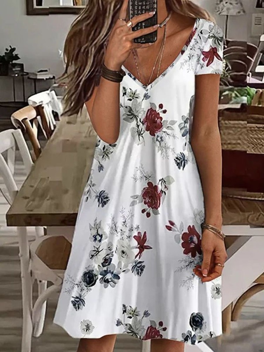 Dresses zolucky | Boho Floral V Neck Short Sleeve Knit Dress