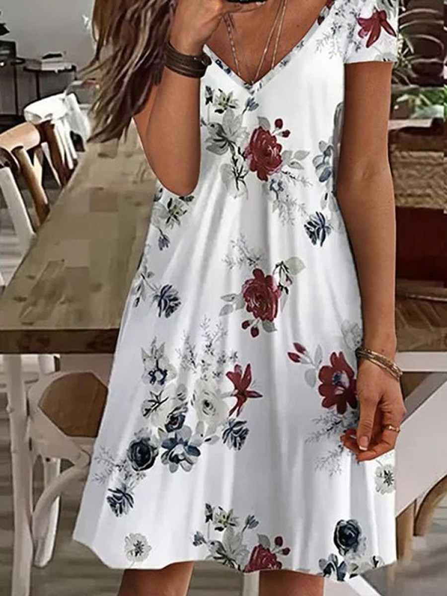 Dresses zolucky | Boho Floral V Neck Short Sleeve Knit Dress