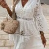 Dresses zolucky | Plain Tassel V Neck Vacation Lace Hollow Out Dress White