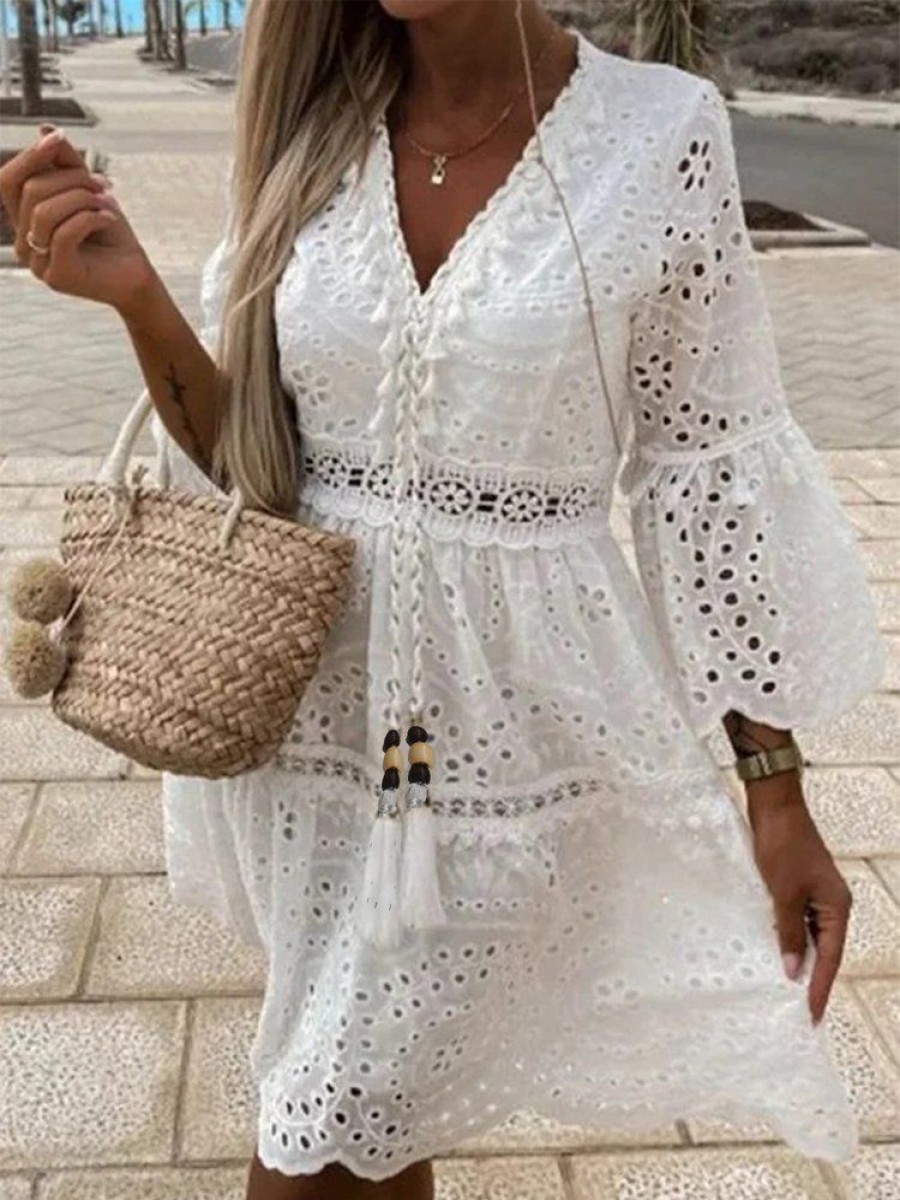 Dresses zolucky | Plain Tassel V Neck Vacation Lace Hollow Out Dress White