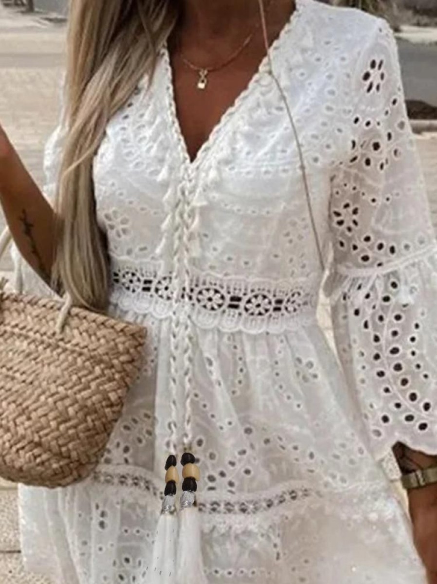 Dresses zolucky | Plain Tassel V Neck Vacation Lace Hollow Out Dress White