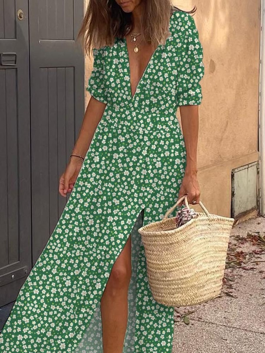 Dresses zolucky | Casual Loose Small Floral V Neck Dress Green