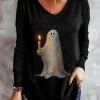 Topshot zolucky | Loose V Neck Halloween Casual Jersey Long Sleeve T-Shirt With Little Ghost Logo