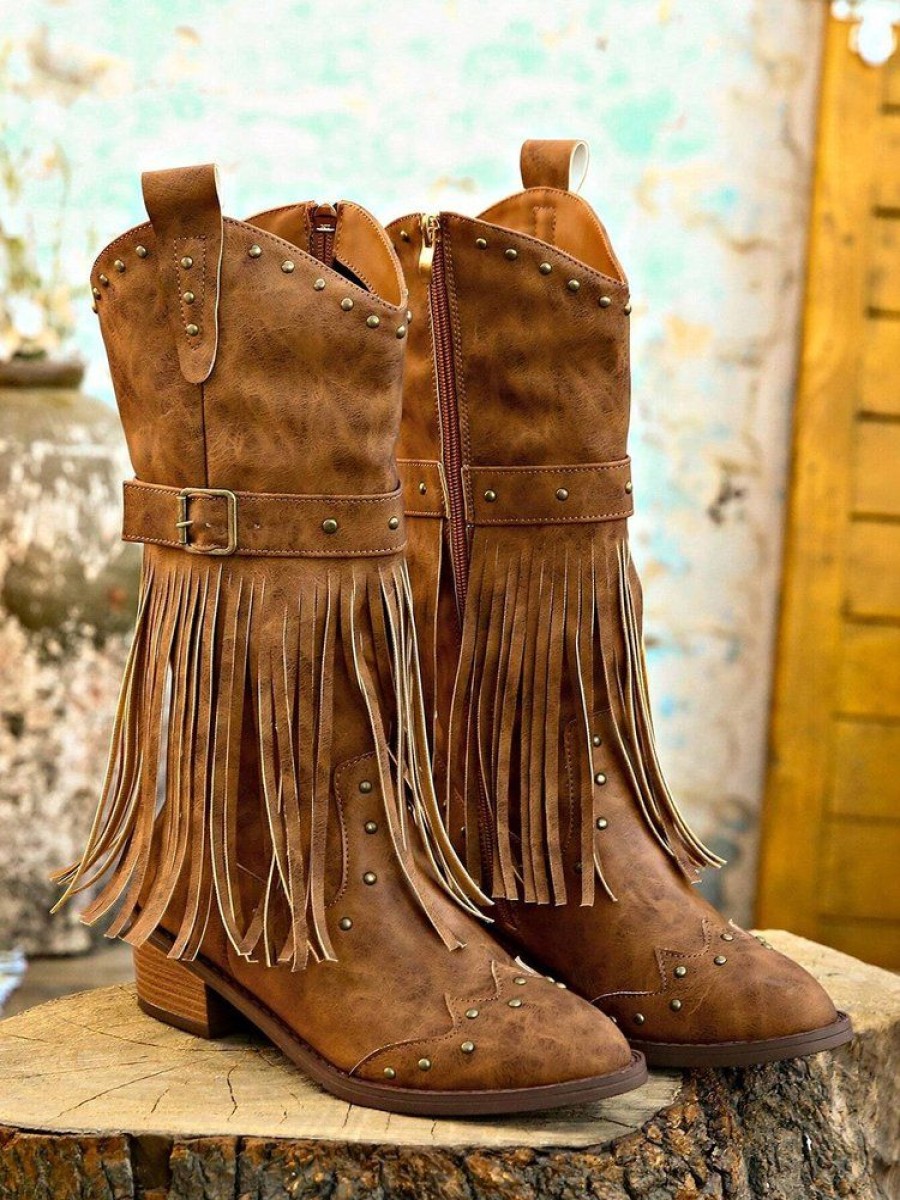 Shoes zolucky | Vintage Rivet Fringe Block Heel Western Boots