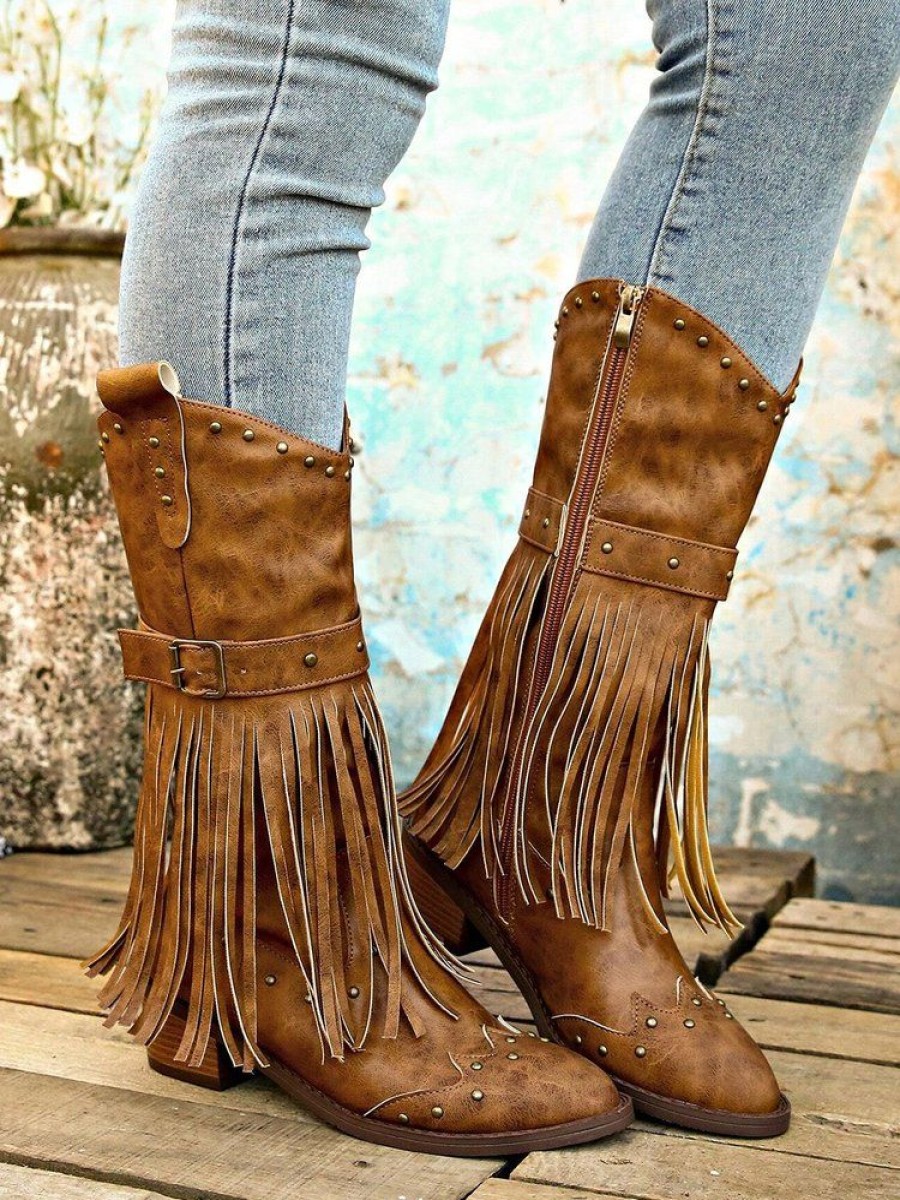 Shoes zolucky | Vintage Rivet Fringe Block Heel Western Boots