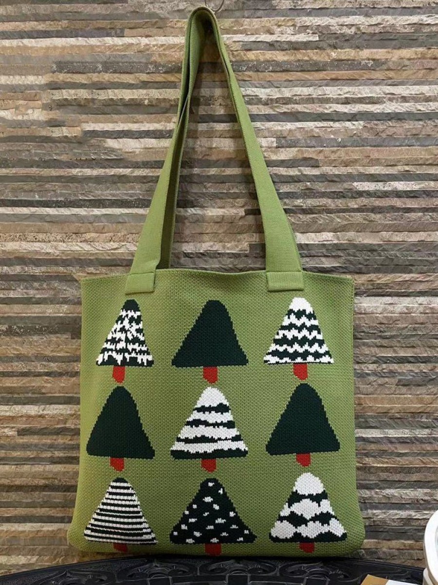 Accessories zolucky | Casual Cartoon Christmas Tree Knitted Shoulder Tote Bag