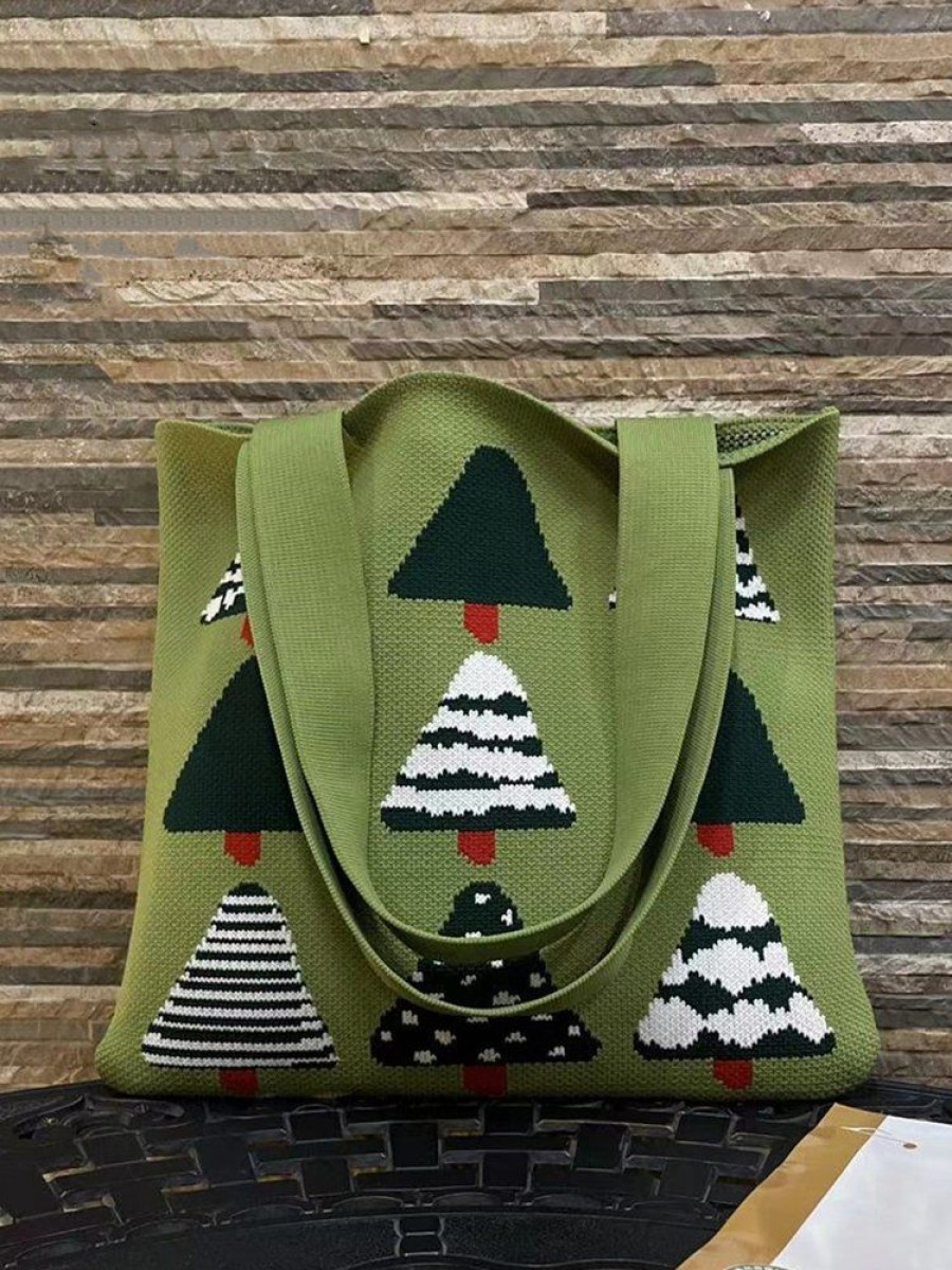 Accessories zolucky | Casual Cartoon Christmas Tree Knitted Shoulder Tote Bag