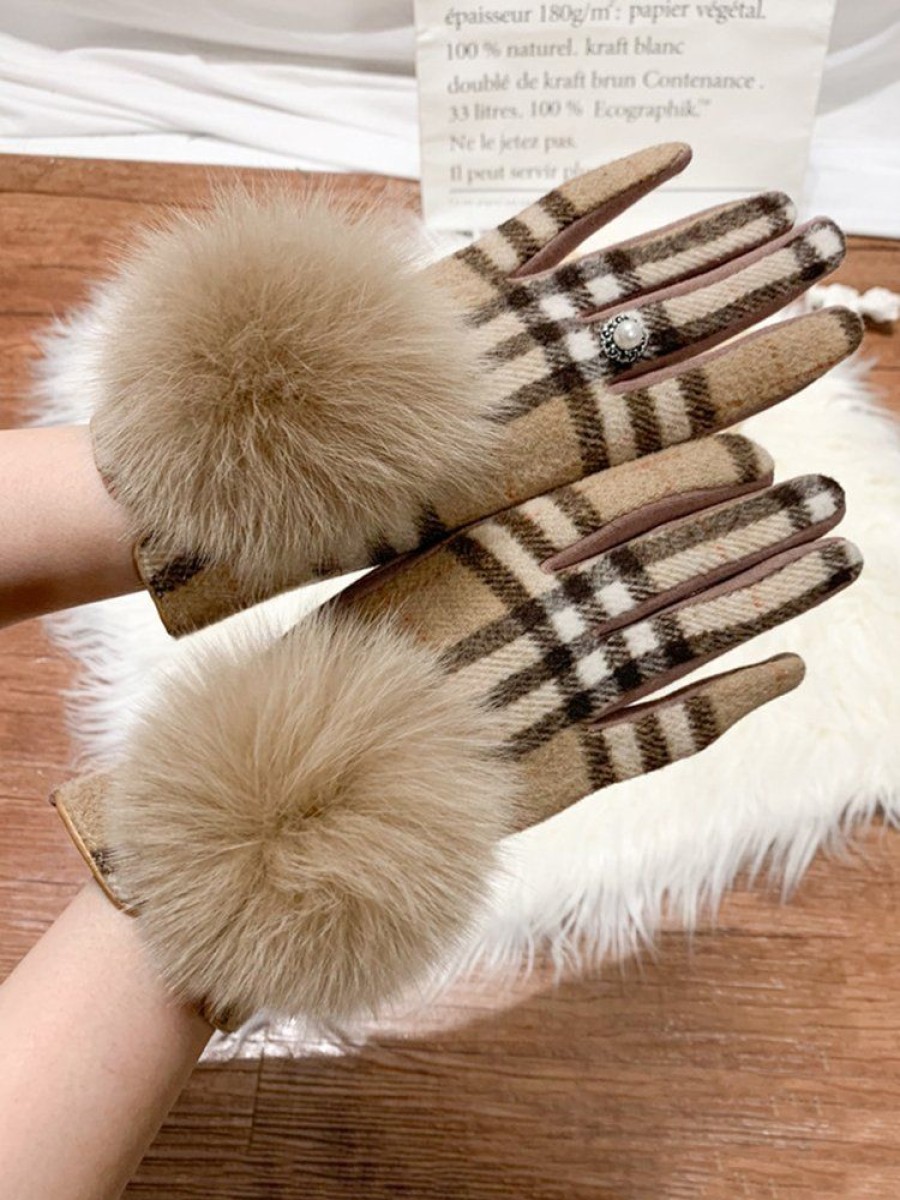 Accessories zolucky | Elegant Plaid Imitation Pearl Fuzzy Ball Gloves