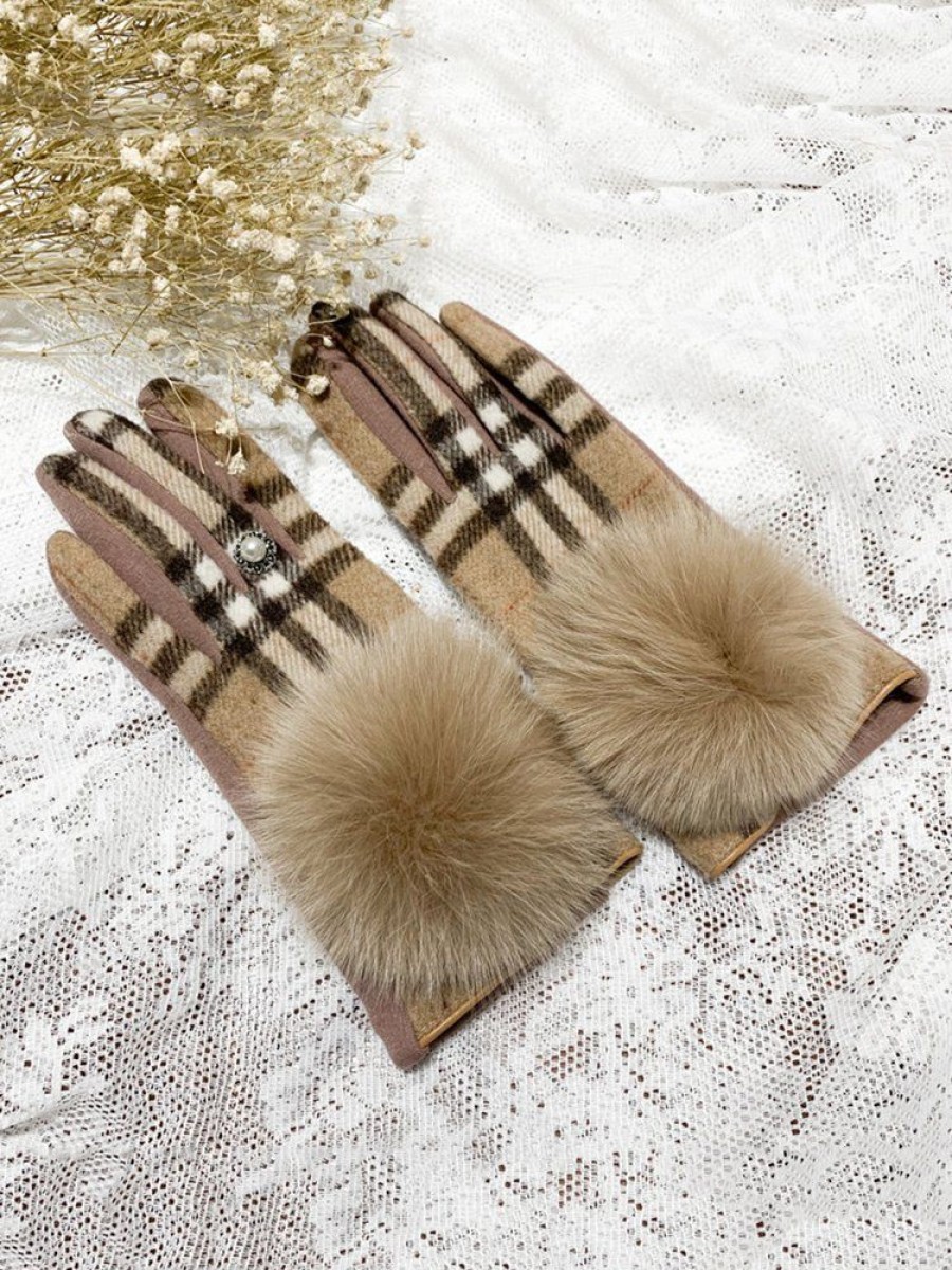 Accessories zolucky | Elegant Plaid Imitation Pearl Fuzzy Ball Gloves