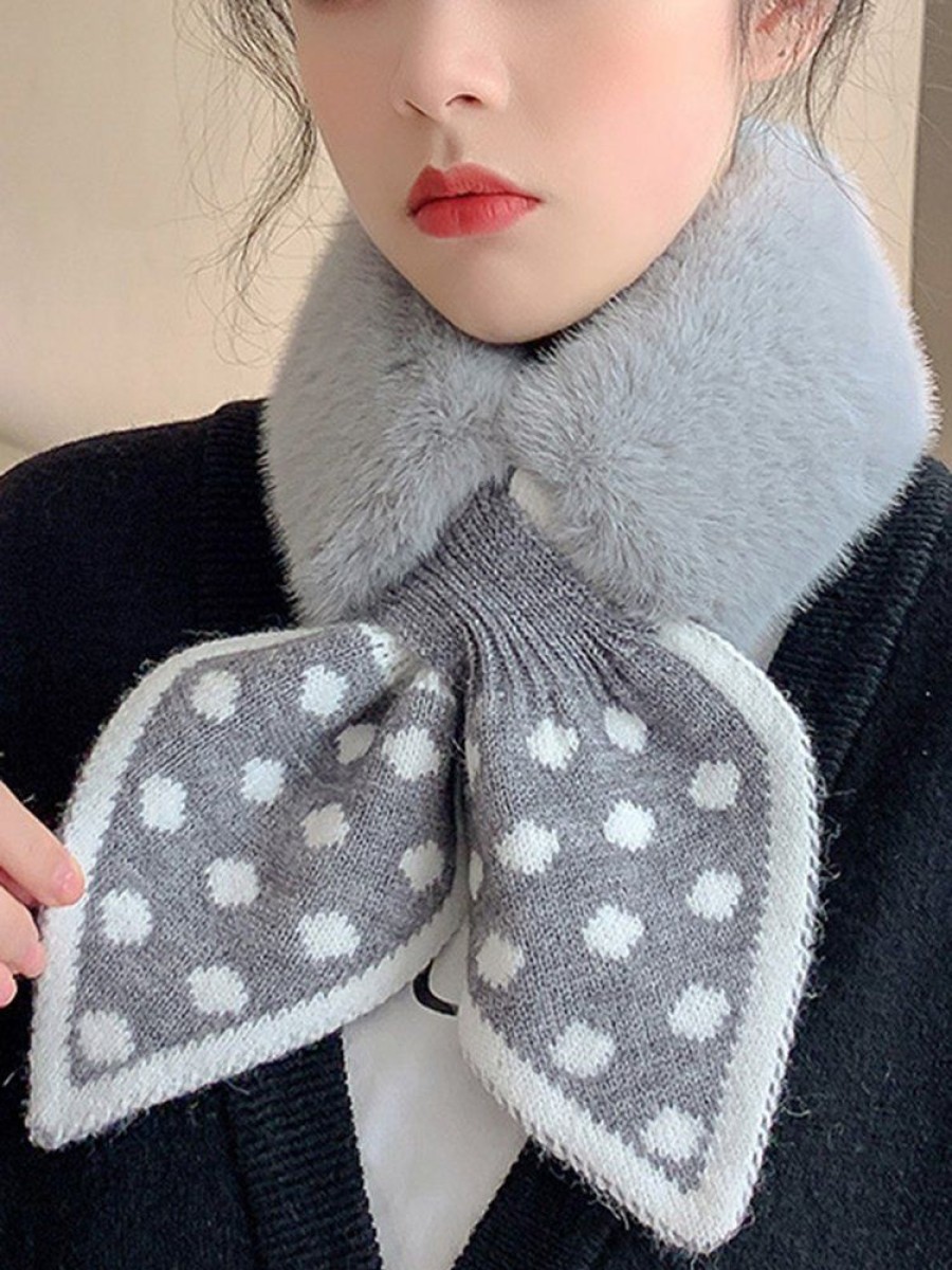 Accessories zolucky | Women Polka-Dot Knitted Paneled Furry Scarf