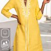 Dresses zolucky | Cotton And Linen Webbing Casual Notched Dress Yellow