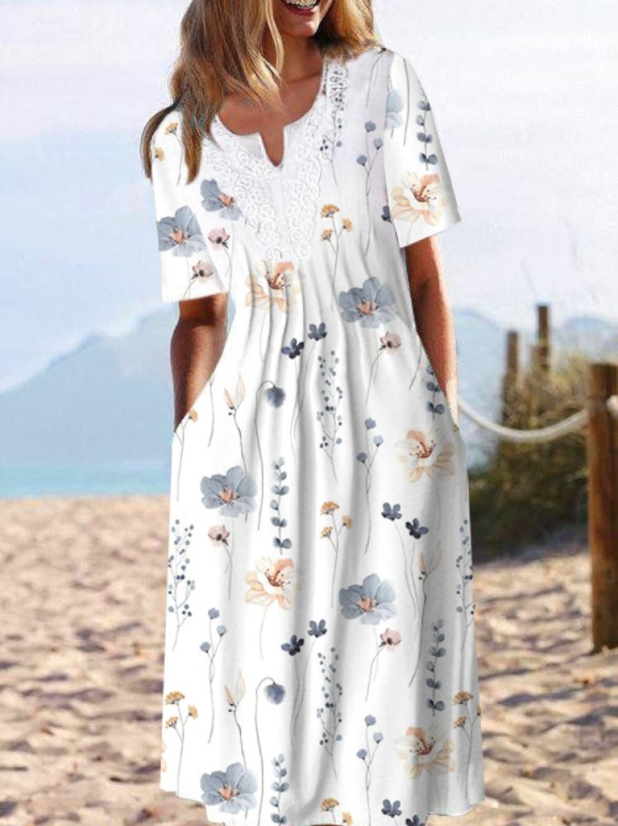 Dresses zolucky | Crew Neck Casual Floral Lace Edge Dress White