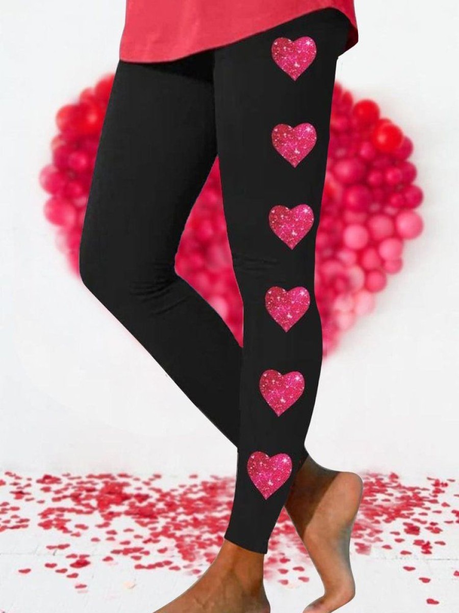 Bottoms zolucky | Heart/Cordate Print Slim Fit Pants Valentine'S Day Tight Casual Long Leggings Black