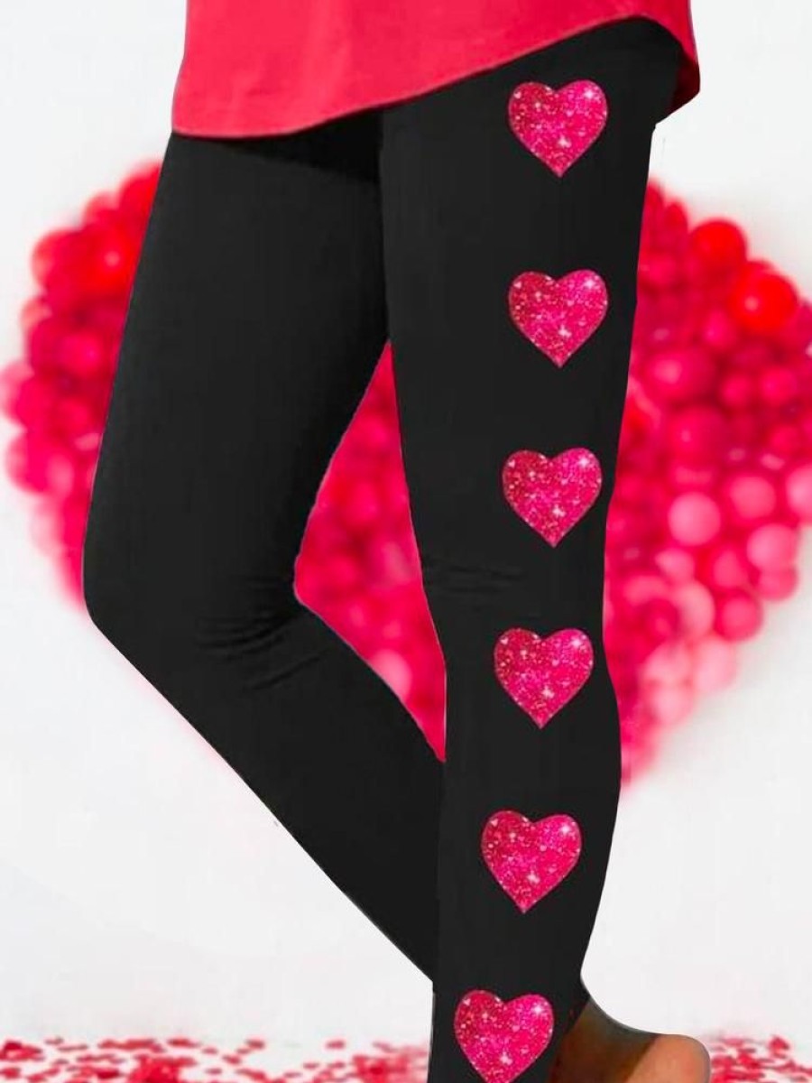 Bottoms zolucky | Heart/Cordate Print Slim Fit Pants Valentine'S Day Tight Casual Long Leggings Black