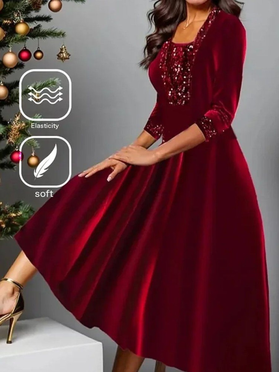 Plus&Curve zolucky | Plus Size Velvet Casual Loose Christmas Holiday A-Line Long Sleeve Maxi Dress Wine Red