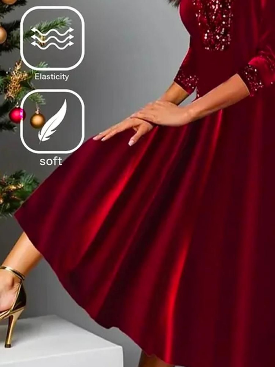 Plus&Curve zolucky | Plus Size Velvet Casual Loose Christmas Holiday A-Line Long Sleeve Maxi Dress Wine Red