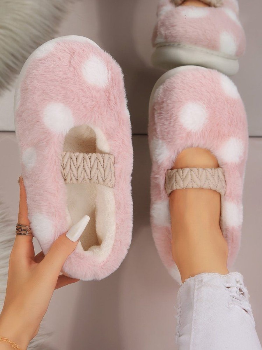 Shoes zolucky | Polka Dots Stitch Detail Warm Fuzzy Bedroom Slippers