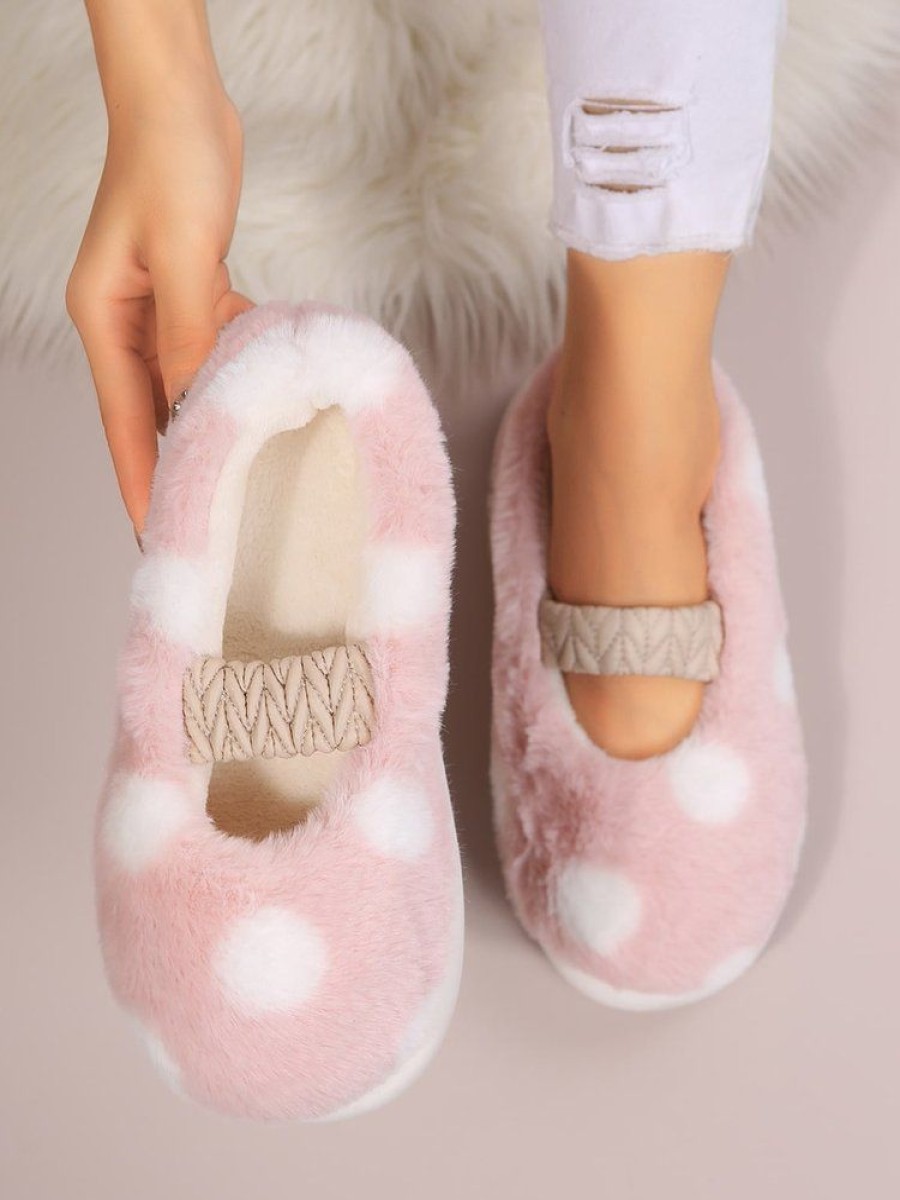 Shoes zolucky | Polka Dots Stitch Detail Warm Fuzzy Bedroom Slippers