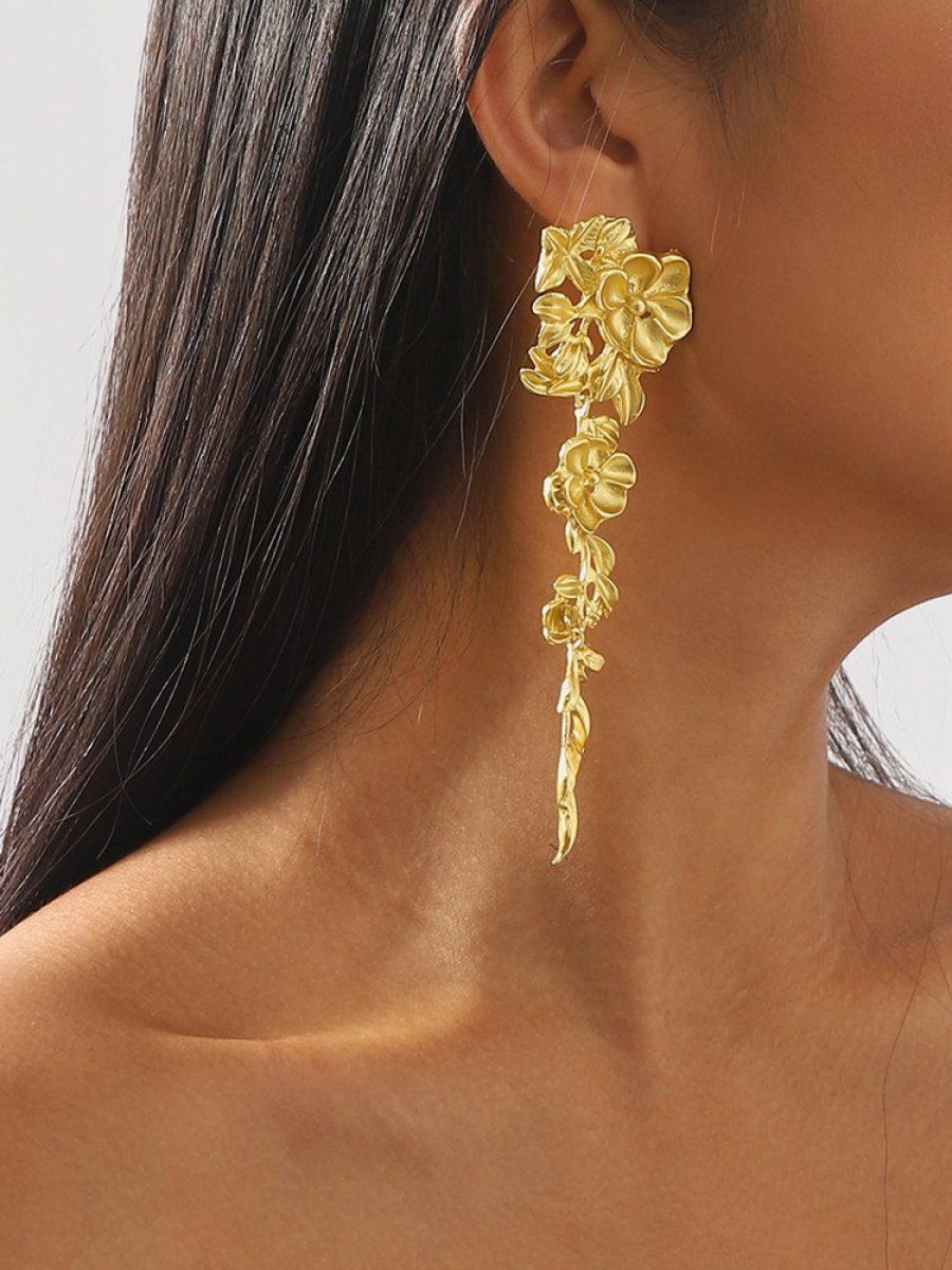 Accessories zolucky | Exquisite Metal Hollow Floral Leaf Tassel Earrings