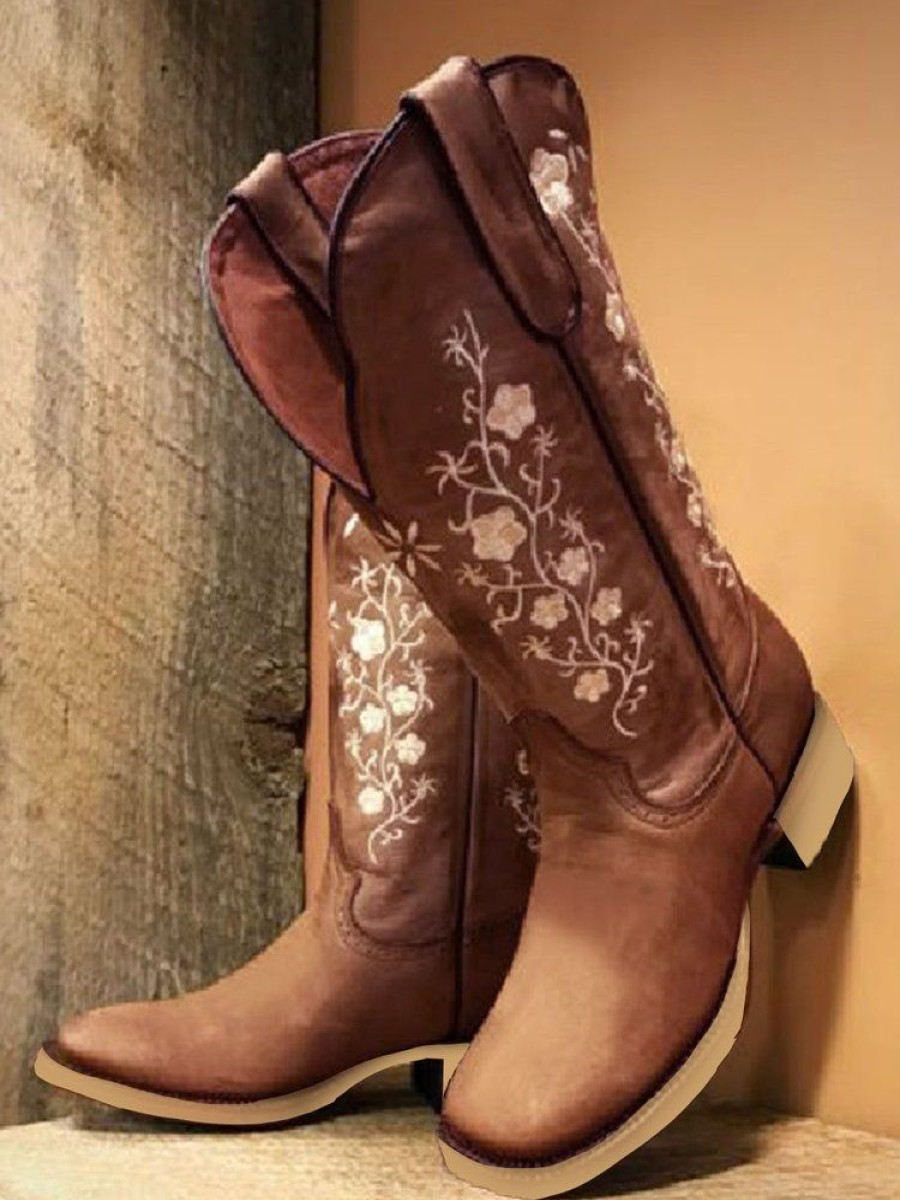 Shoes zolucky | Square Toe Embroidered Western Cowboy Boots Chunky Heel Boots