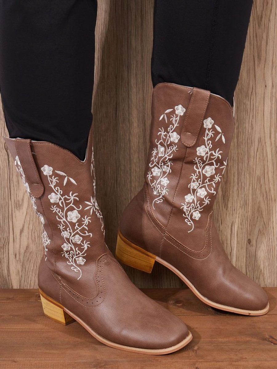 Shoes zolucky | Square Toe Embroidered Western Cowboy Boots Chunky Heel Boots