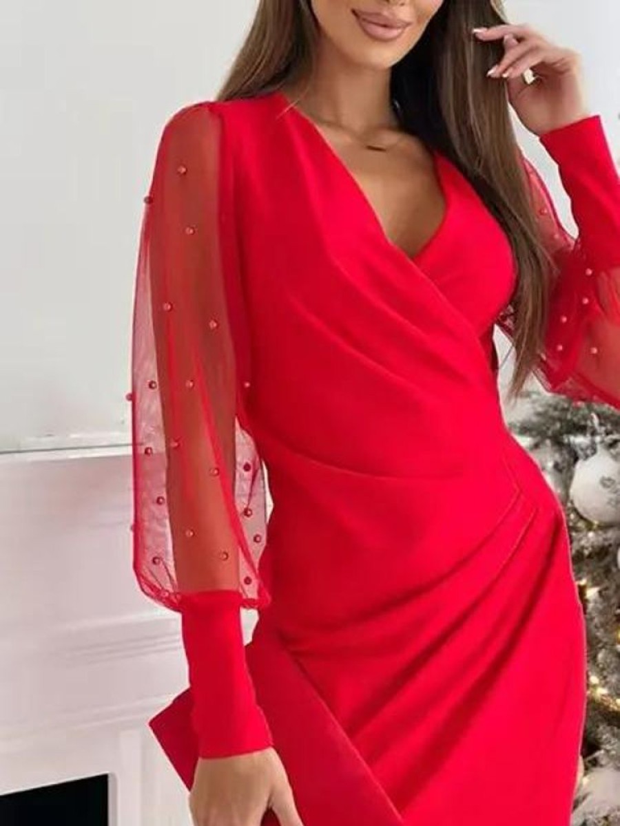 Dresses zolucky | Beaded Long Sleeve Christmas Holiday Loose Plain V Neck Daily Casual Midi Dress Red