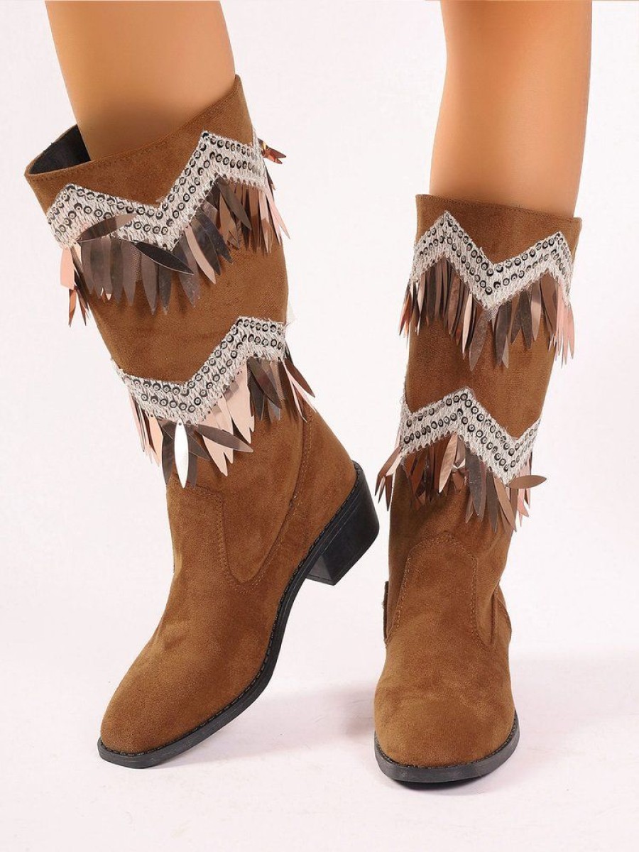 Shoes zolucky | Vintage Rhinestone Fringe Slip On Mid-Calf Boots