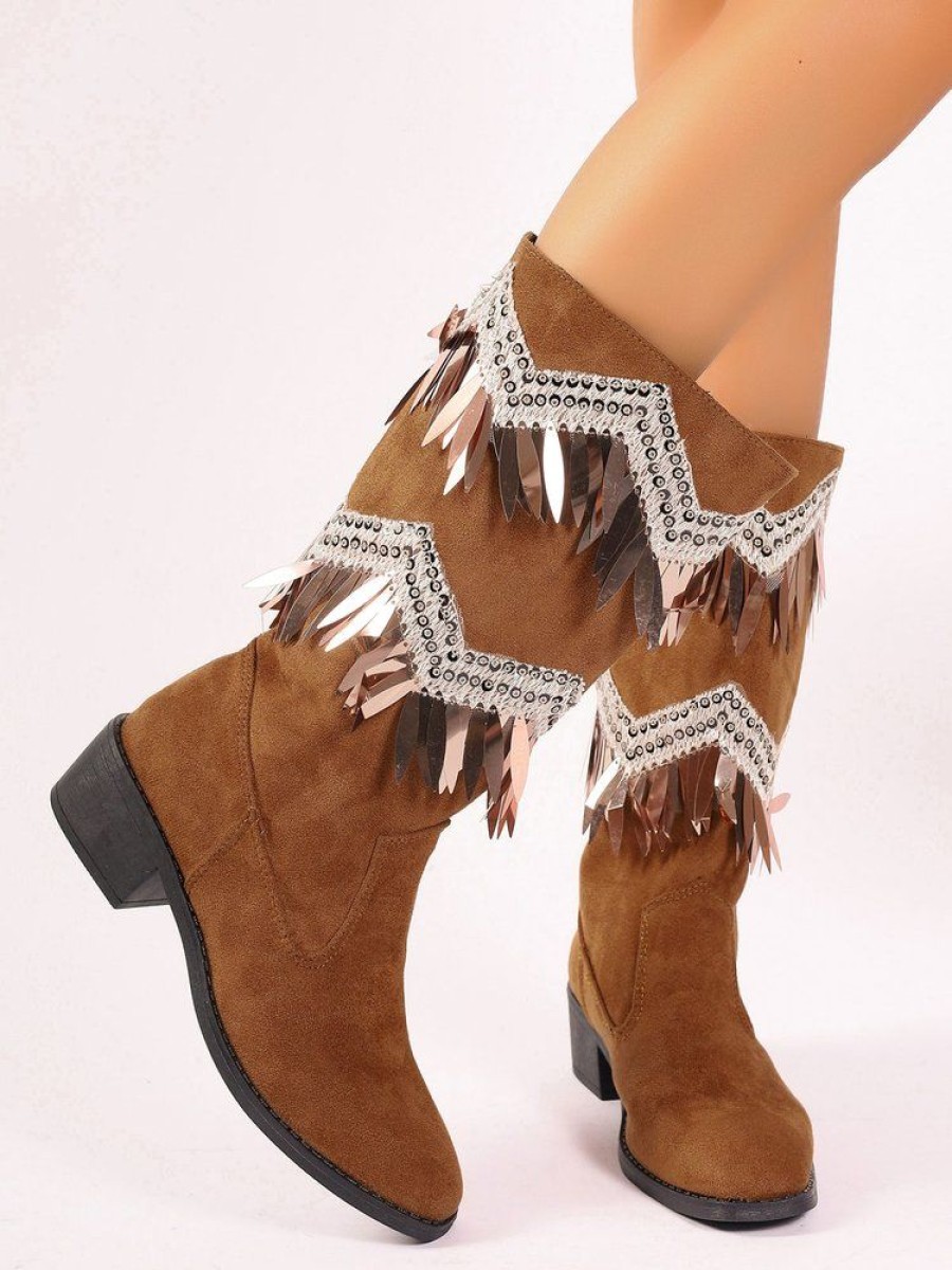 Shoes zolucky | Vintage Rhinestone Fringe Slip On Mid-Calf Boots