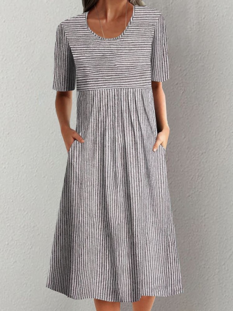 Dresses zolucky | Casual Loose Striped Crew Neck Short Sleeve Midi Dress